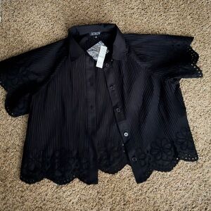 J. Crew White Pleated Eyelet Trim Poplin Top